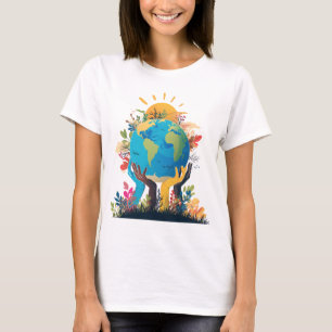 Environment - Earth Illustration with Hand & sun T-Shirt