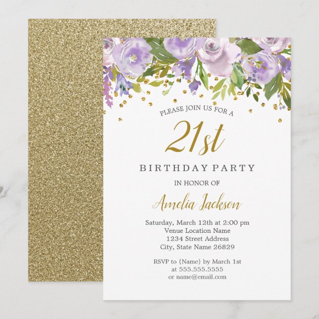 Éperche Floral Purple 21e anniversaire Invitation (Devant / Derrière)