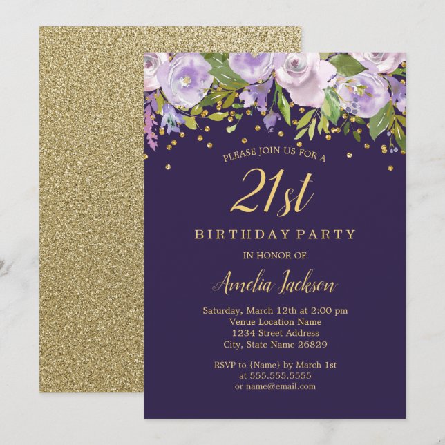 Éperche Floral Purple Gold 21e Invitation d'annive (Devant / Derrière)