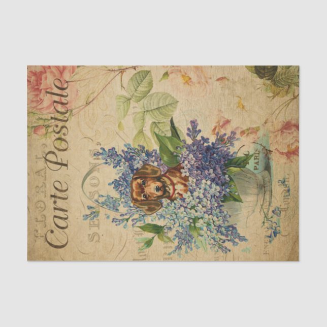 Ephemera Dachshund Dog Basket of Flowers Decoupage Tissue Paper (Front)