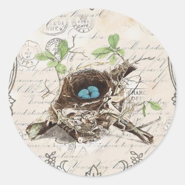 ephemera french botanical robin eggs bird nest classic round sticker (Front)