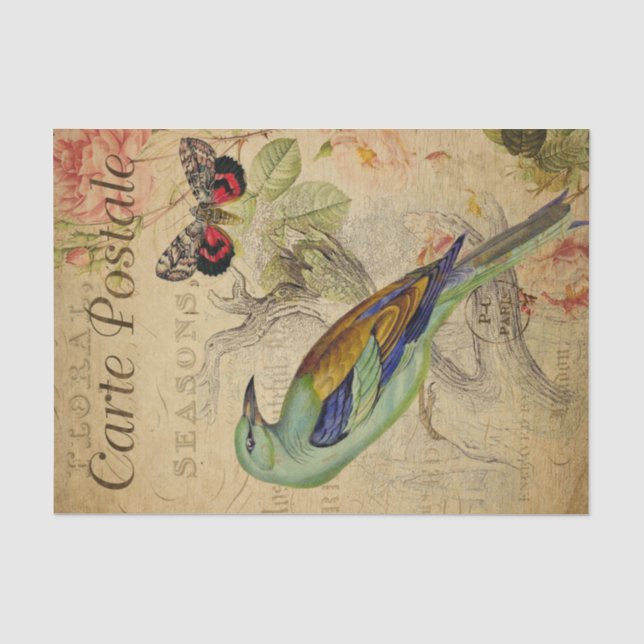 Ephemera French Postcard Bird Butterfly Decoupage  Tissue Paper (Front)