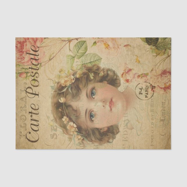 Ephemera French Postcard Cute Girl Decoupage Tissue Paper (Front)