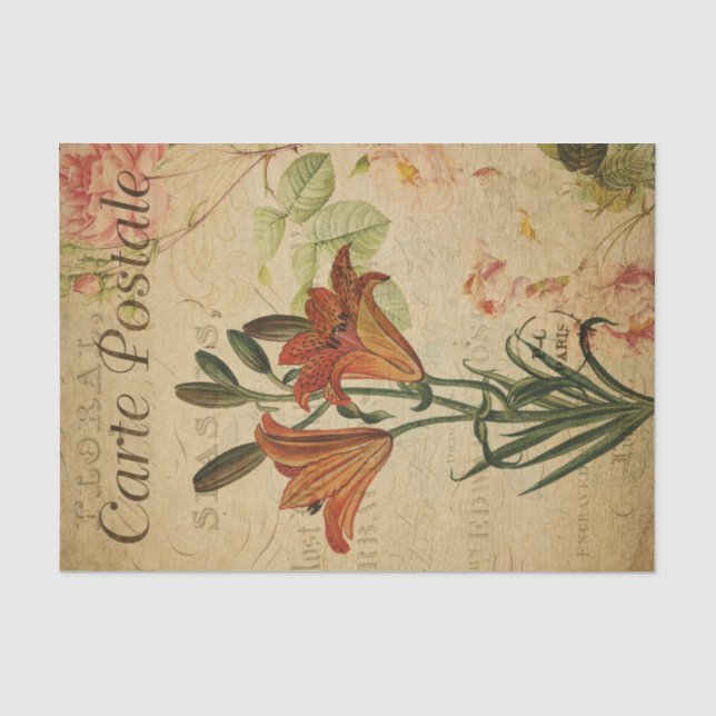 Ephemera French Postcard Orange Lilly Decoupage Tissue Paper (Front)