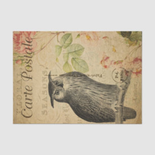 Ephemera French Postcard Owl Pink Roses Decoupage Tissue Paper