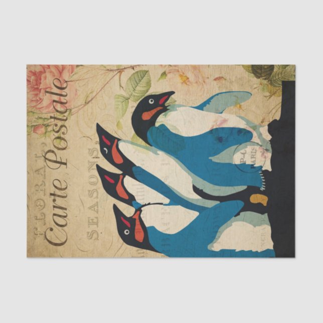 Ephemera French Postcard Penguins Floral Decoupage Tissue Paper (Front)