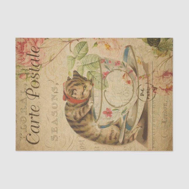 Ephemera French Postcard Pretty Cat Decoupage  Tissue Paper (Front)