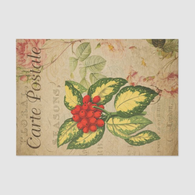 Ephemera French Postcard Red Berries Decoupage Tissue Paper (Front)