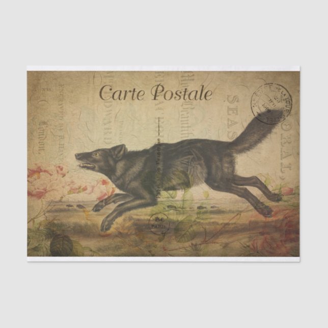 Ephemera French Postcard Running Wolf Decoupage Tissue Paper (Front)