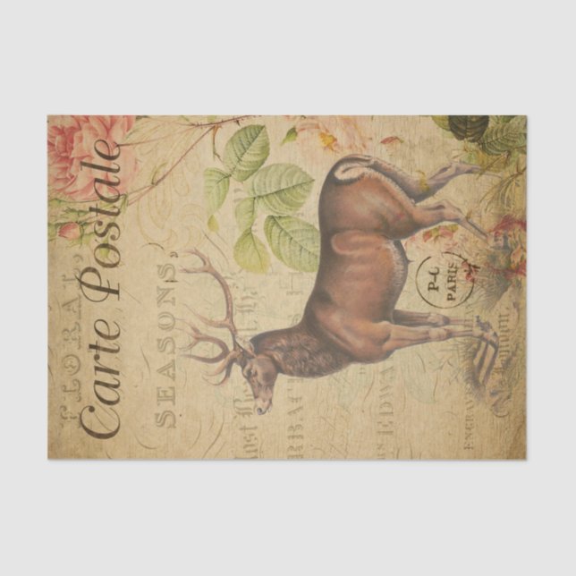 Ephemera French Postcard Stag Deer Decoupage Tissue Paper (Front)