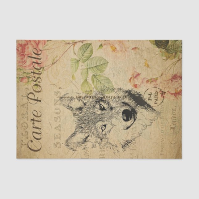 Ephemera French Postcard Wolf Floral Decoupage Tissue Paper (Front)