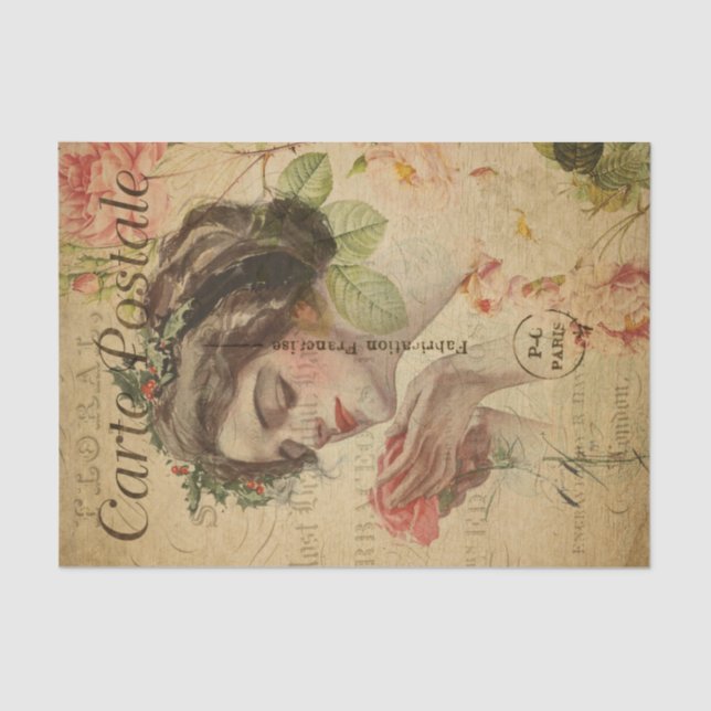 Ephemera French Postcard Woman with Rose Decoupage Tissue Paper (Front)