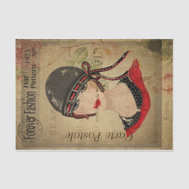 Ephemera French Postcard  Women with Hat Decoupage Tissue Paper (Front)