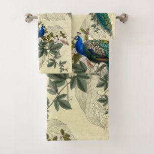 Ephemera Peacock Hibiscus Elegant Yellow Vintage Bath Towel Set