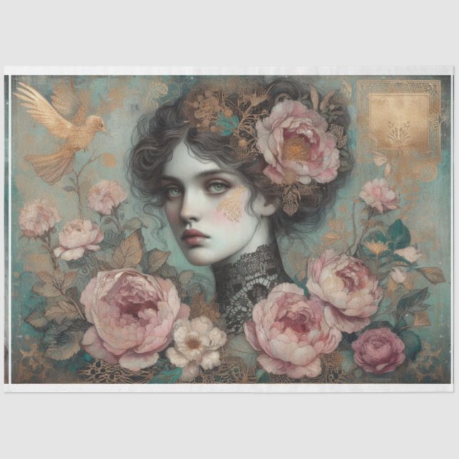 Ephemera Victorian Lady, Roses, Floral Decoupage Tissue Paper (Front)