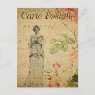 Ephemera Vintage French Woman Pink Roses Floral Postcard