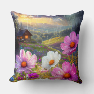 Ephemeral Bloom: A Symphony of Rain and Light Throw Pillow