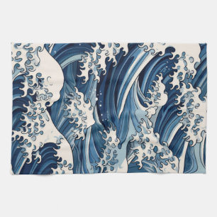 Ephemeral Crests: Hokusai Waves Reimagined Kitchen Towel