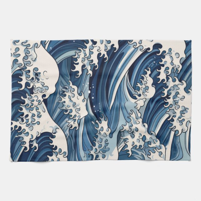 Ephemeral Crests: Hokusai Waves Reimagined Kitchen Towel (Horizontal)