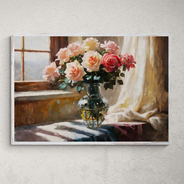 Ephemeral Elegance: Roses by the Window Poster (Creator Uploaded)