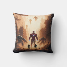 "Epic Battle Throw Pillow: Heroes vs. Machines"