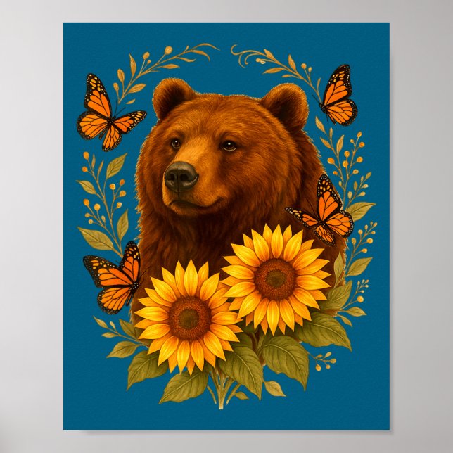 Epic Bear Butterfly Nature Rustic Sunflower Monarc Poster (Front)