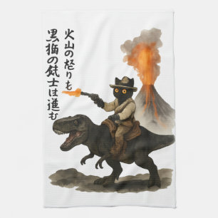 Epic Black Cat Cowboy Riding Dinosaur with Volcano Kitchen Towel