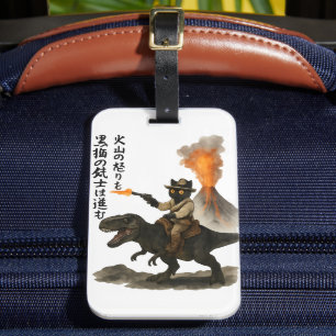 Epic Black Cat Cowboy Riding Dinosaur with Volcano Luggage Tag
