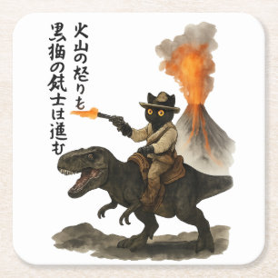 Epic Black Cat Cowboy Riding Dinosaur with Volcano Square Paper Coaster