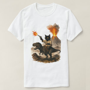 Epic Black Cat Cowboy Riding Dinosaur with Volcano T-Shirt