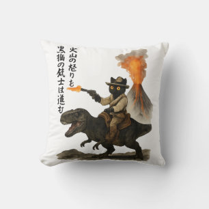 Epic Black Cat Cowboy Riding Dinosaur with Volcano Throw Pillow