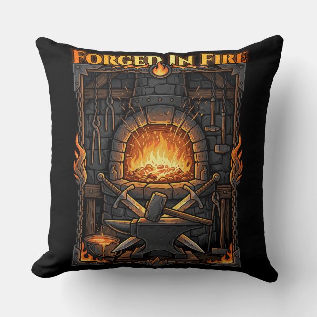 Epic Blacksmith Forge Anvil & Swords Fantasy Art Throw Pillow (Front)