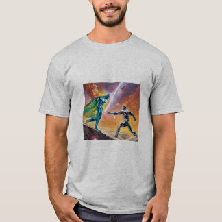 Epic Clash: Dark Silver Surfer vs. Chrome Lion Man T-Shirt