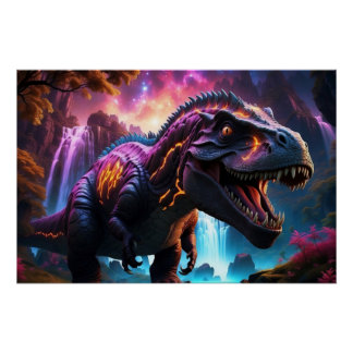 Epic Cosmic Dinosaur Fantasy Vibrant Landscape Poster