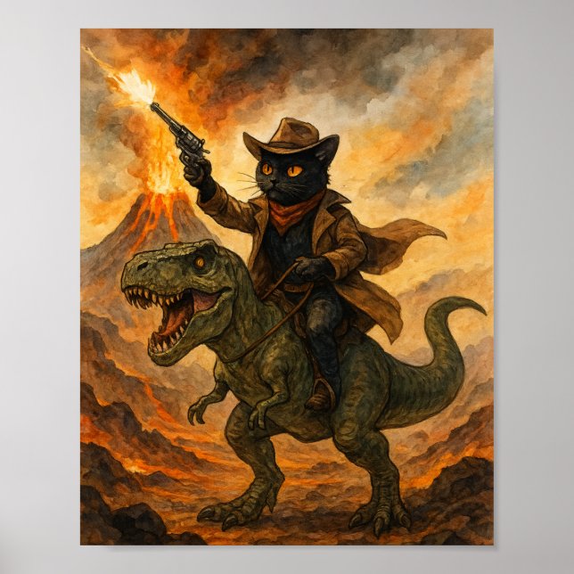 Epic Cowboy Cat Riding Dinosaur – Bold Watercolor Poster (Front)