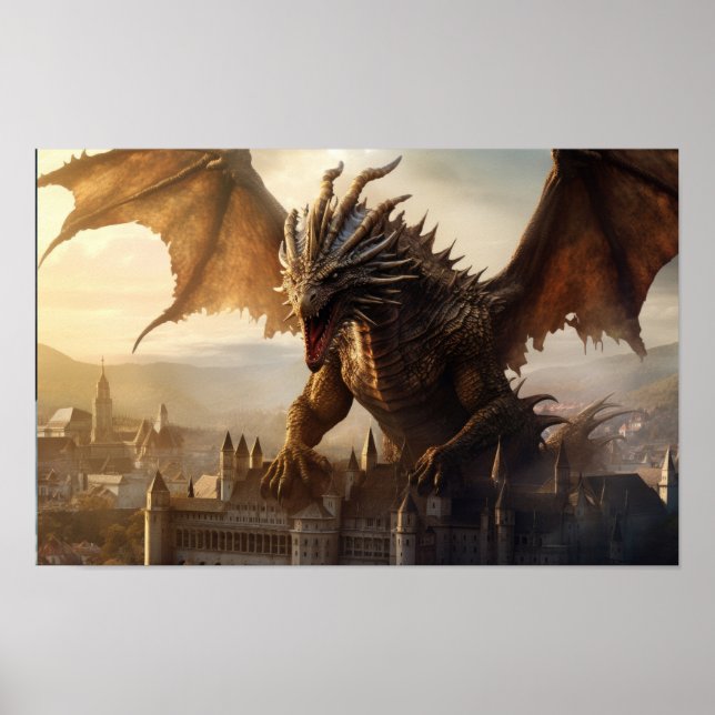 Epic Dragon Over Medieval City Poster (Front)