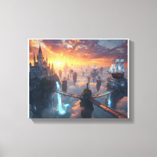 Epic Floating Castle and Flying Ships Fantasy Sky Canvas Print
