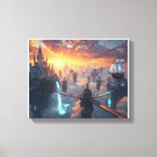 Epic Floating Castle and Flying Ships Fantasy Sky Canvas Print