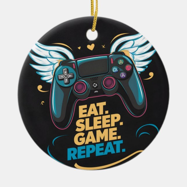 Epic Gaming Gear.  Eat. Sleep. Game. Repeat. Winge Ceramic Ornament (Front)