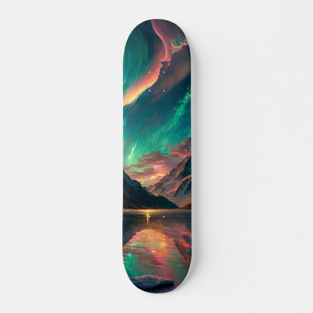 Epic Green Sky and Mountains with Aurora Borealis Skateboard (Front)