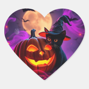 Epic Halloween Magic –Glowing Pumpkin & Spooky Cat Heart Sticker