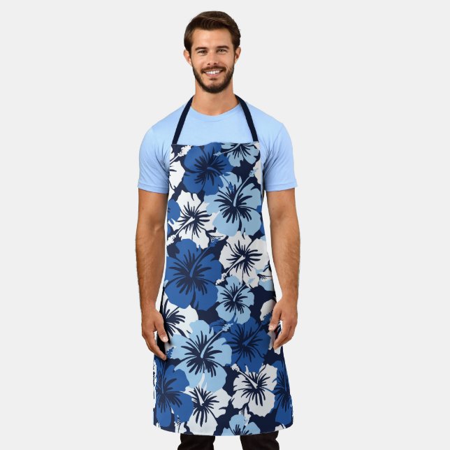 Epic Hibiscus Aloha Blue Hawaiian Floral Apron (Worn)