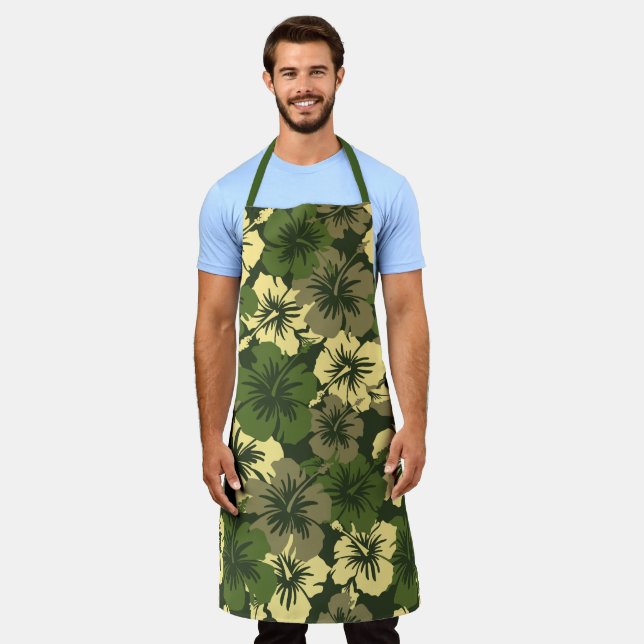 Epic Hibiscus Aloha Olive Hawaiian Floral Apron (Worn)