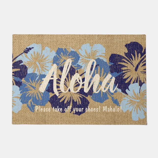 Epic Hibiscus Hawaiian Floral Aloha Blue Doormat (Front)