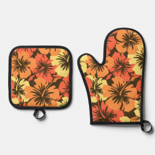 Epic Hibiscus Hawaiian Floral Aloha Orange Oven Mitt & Pot Holder Set