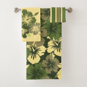 Epic Hibiscus Hawaiian Floral Coordinates Olive Bath Towel Set