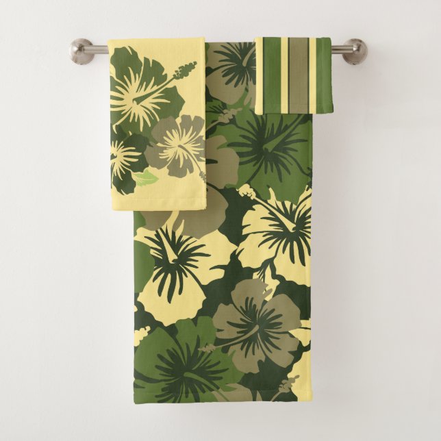 Epic Hibiscus Hawaiian Floral Coordinates Olive Bath Towel Set (Insitu)