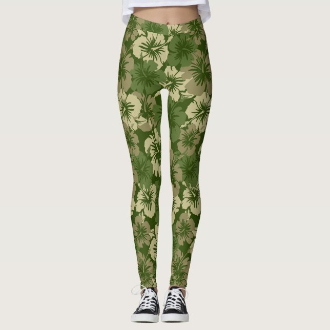 Epic Hibiscus Hawaiian Tropical Floral Olive Leggings (Front)