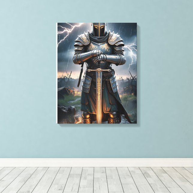 Epic Knight Warrior Digital Poster Medieval Fantas Canvas Print (Insitu(Wood Floor))