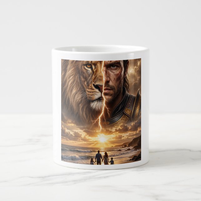 Epic Lion and Warrior Sunset  Large Coffee Mug (Front)